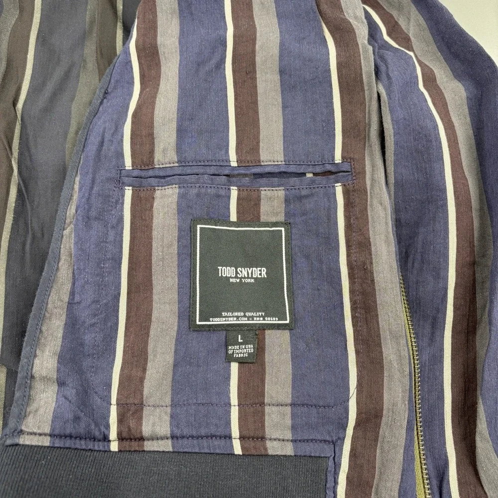 Todd Snyder Jacket Mens L Bomber Full Zip Striped Navy Blue Linen‎ Barre L